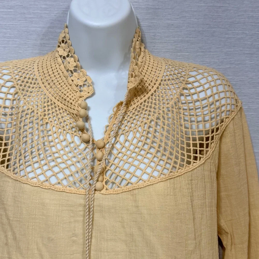 Free People Yellow Cotton Gauze Crochet Yoke Tassel Boho Top XS